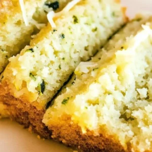 Freshly baked lemon zucchini bread with a slice cut out to showcase its texture