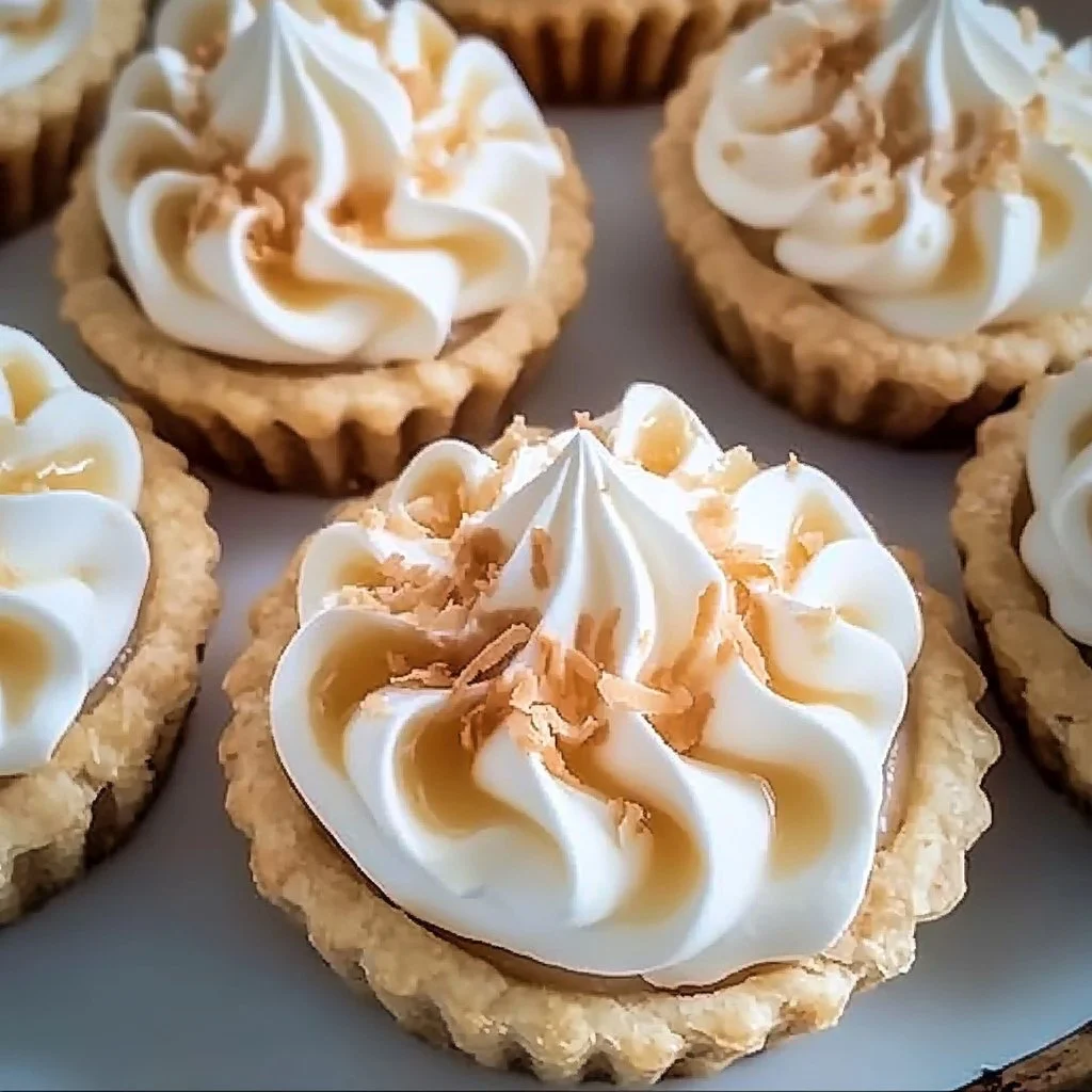 Mini coconut cream pies topped with toasted meringue on a dessert platter
