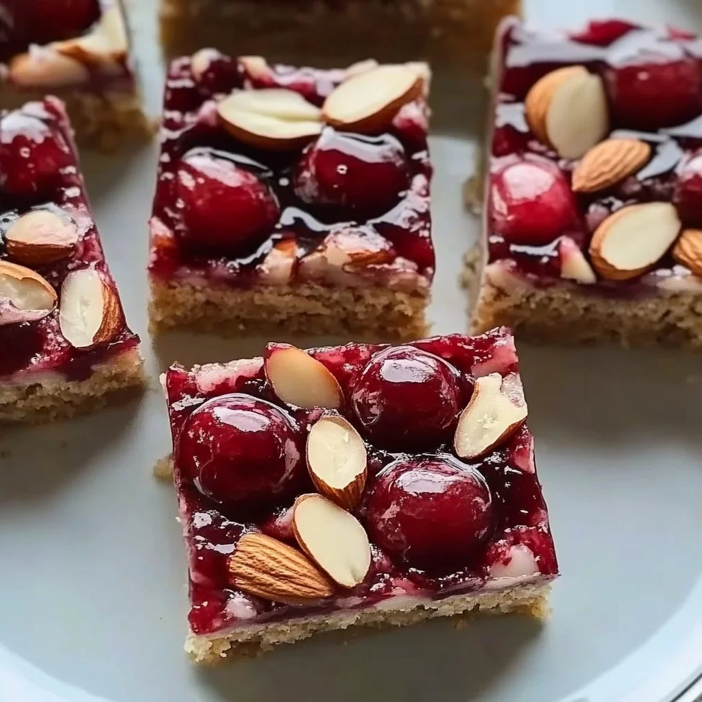 No-bake Almond Cherry Dream Bars with almond and cherry toppings