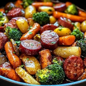 One-pan honey garlic kielbasa served with colorful veggies