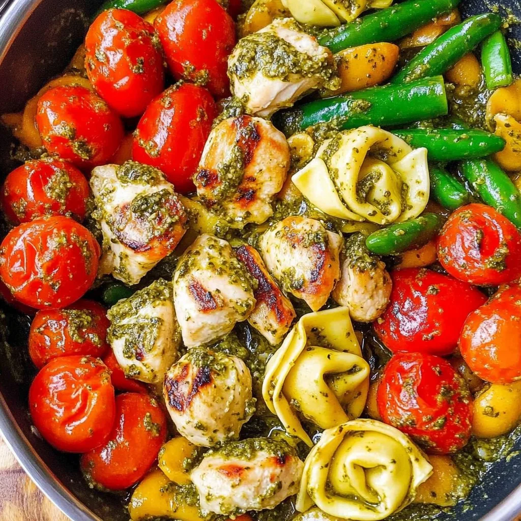 One-Pan Pesto Chicken with tortellini and colorful veggies in a skillet