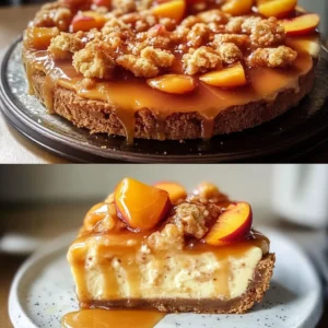 Delicious Peach Bourbon Cobbler Cheesecake topped with fresh peaches and bourbon glaze