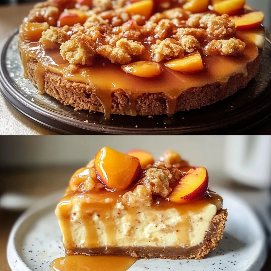 Delicious Peach Bourbon Cobbler Cheesecake topped with fresh peaches and bourbon glaze