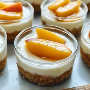 Peach Cheesecake Cups topped with fresh peach slices and whipped cream