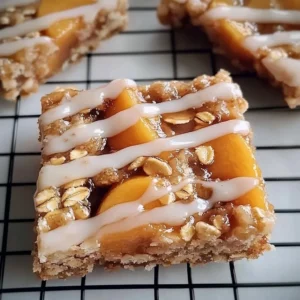 Peach Oat Bars drizzled with Vanilla Glaze on a rustic wooden table