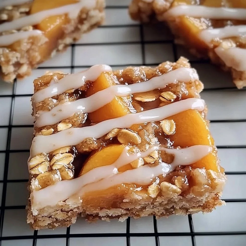 Peach Oat Bars drizzled with Vanilla Glaze on a rustic wooden table