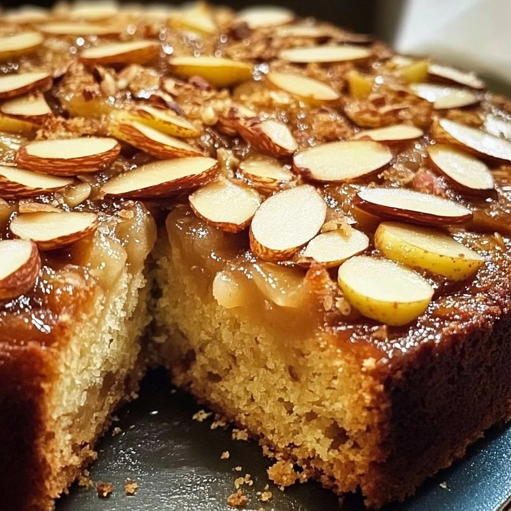 Delicious pear almond cake topped with brown sugar for a perfect dessert