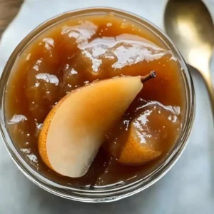 Homemade pear jam in a jar with fresh pears and toast