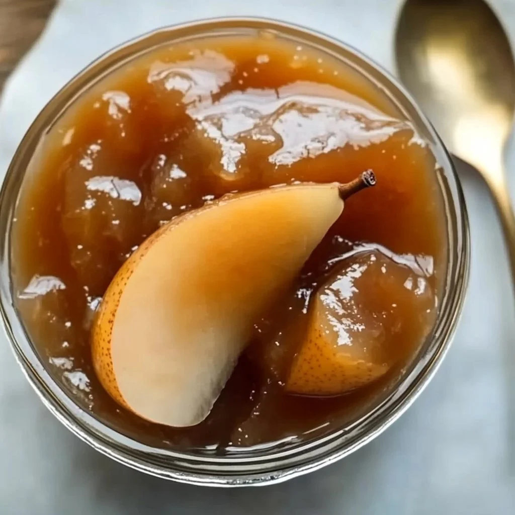 Homemade pear jam in a jar with fresh pears and toast