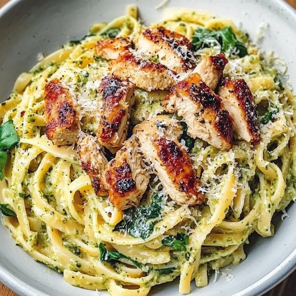 Creamy pesto pasta with grilled chicken and fresh basil garnish