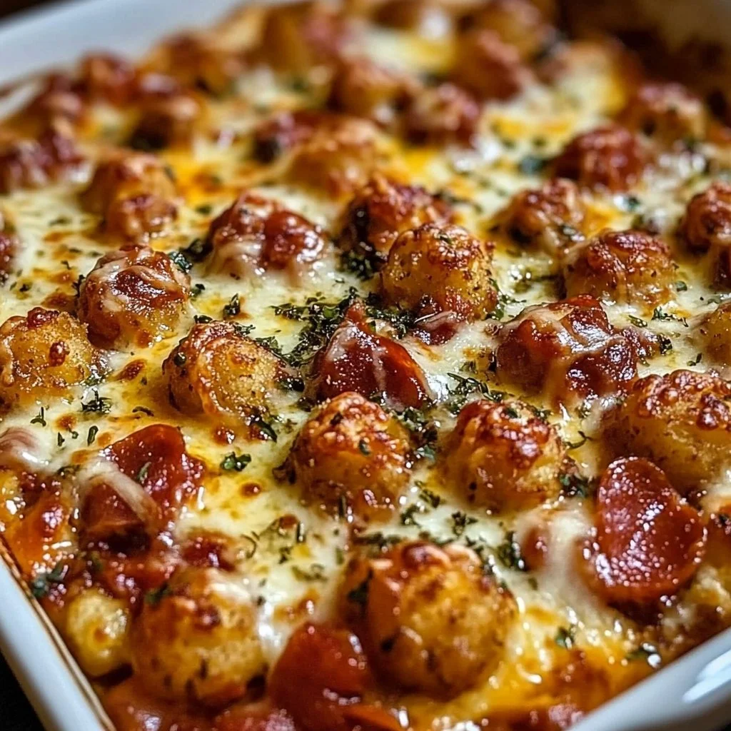 Delicious Pizza Tot Casserole topped with cheese and pepperoni