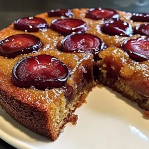 Beautifully baked Plum Ginger Upside Down Cake served on a rustic plate
