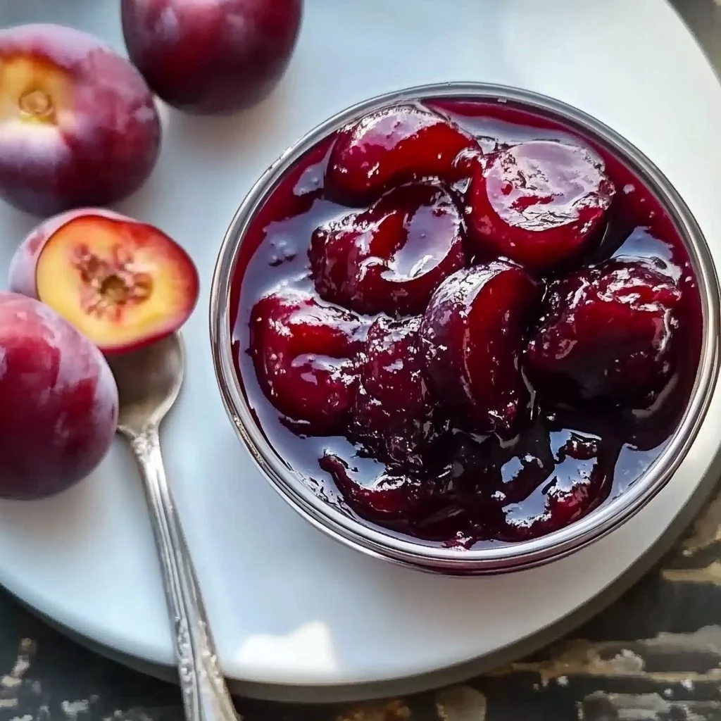 Homemade plum jam in a jar with fresh plums on a wooden table