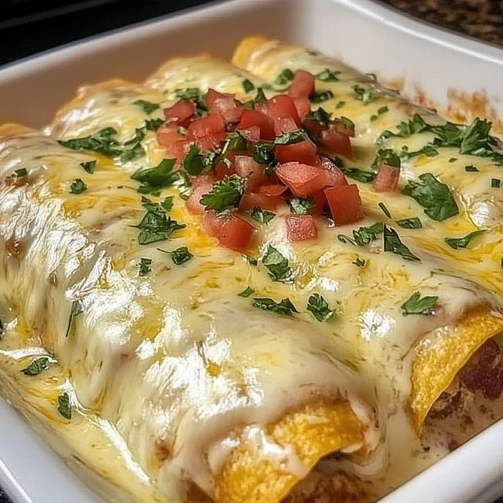 Queso chicken enchiladas topped with cheese and garnished with cilantro