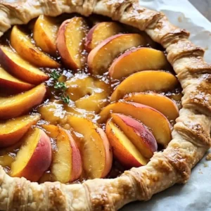 Delicious rustic peach galette topped with fresh peaches and a golden crust.