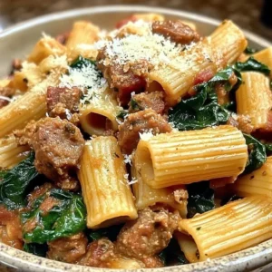 Delicious Sausage Rigatoni with fresh spinach and savory sauce
