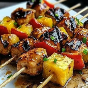 Delicious grilled pineapple chicken kabobs served on a platter.