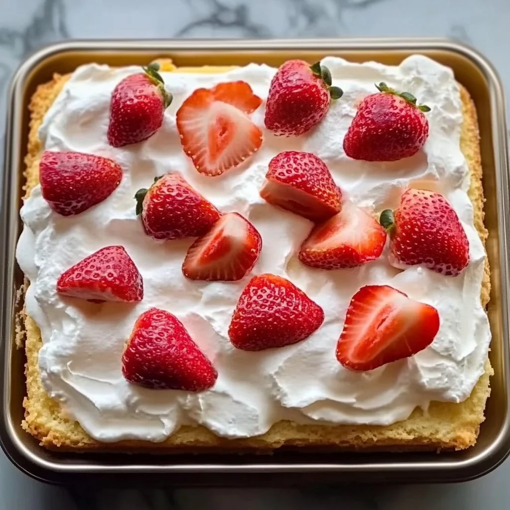 Sheet Pan Strawberry Shortcake Cake with fresh strawberries and whipped cream