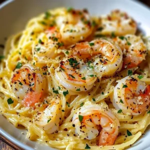 Shrimp scampi garlic cream pasta garnished with parsley and parmesan cheese