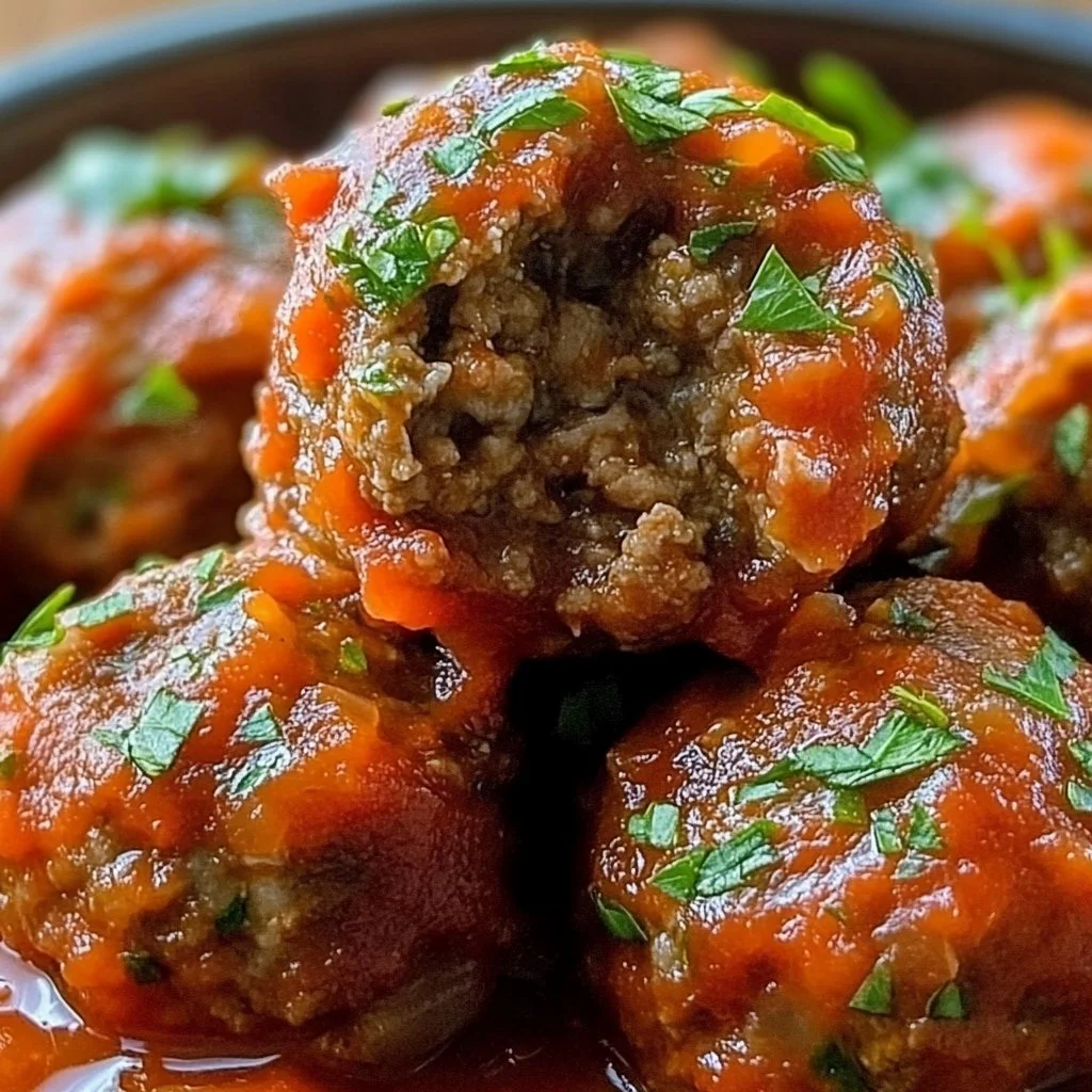 Slow cooker meatballs in rich tomato sauce served with herbs on a plate