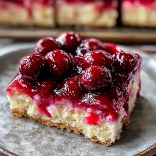 Sour Cherry Shortcake Dream Bars topped with whipped cream and fresh cherries