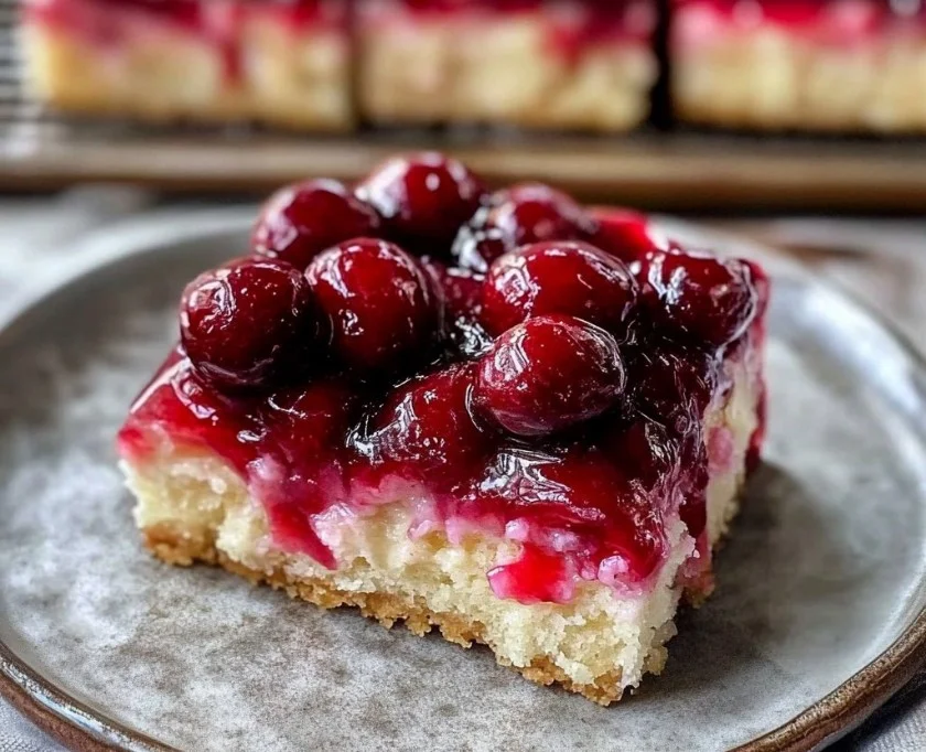 Sour Cherry Shortcake Dream Bars topped with whipped cream and fresh cherries