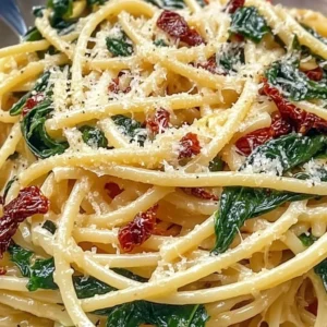 Bowl of Spinach Sun Dried Tomato Pasta with fresh herbs and parmesan cheese.