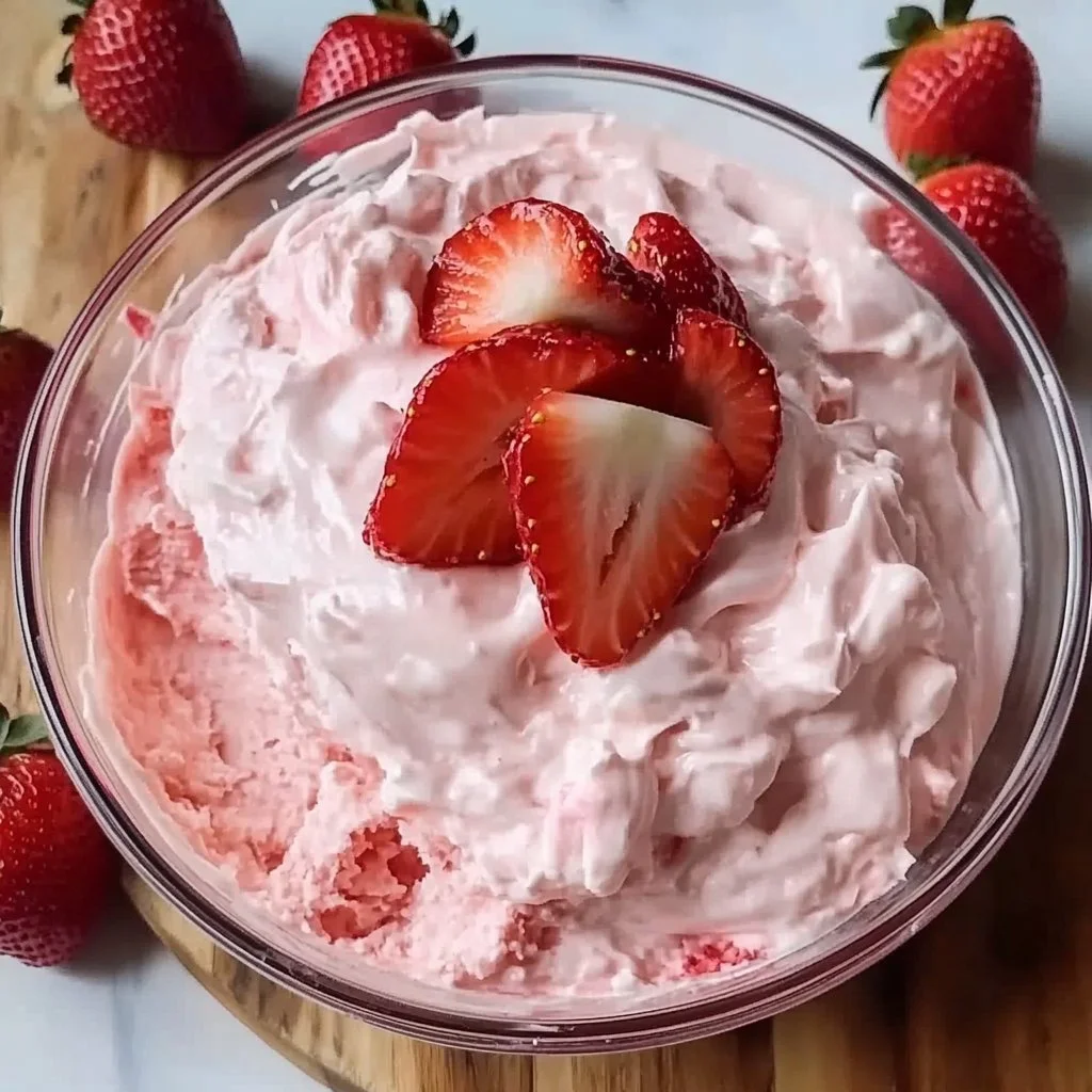 Creamy Strawberry Cheesecake Fluff dessert in a glass bowl topped with fresh strawberries