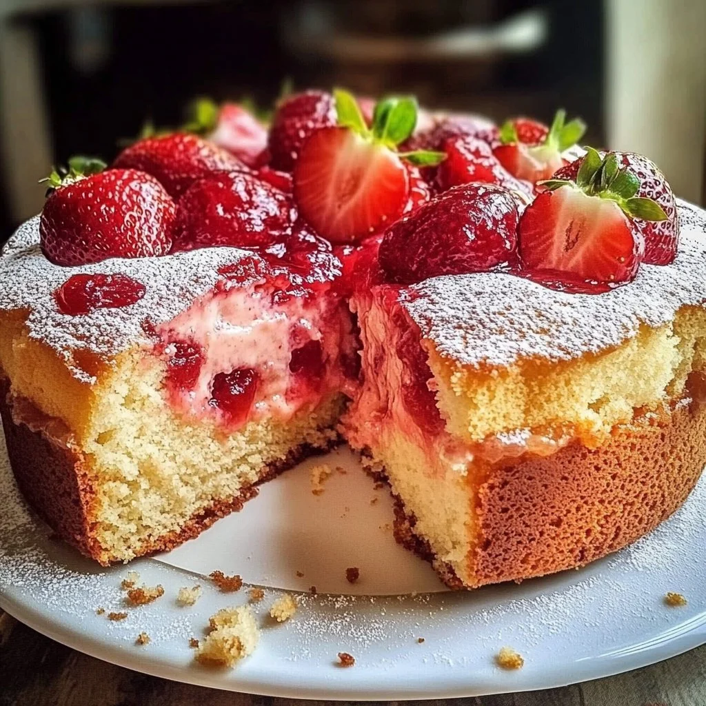 Slice of Strawberry Cheesecake Pound Cake topped with fresh strawberries.
