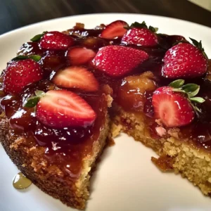 Delicious Strawberry Honey Upside Down Cake on a plate