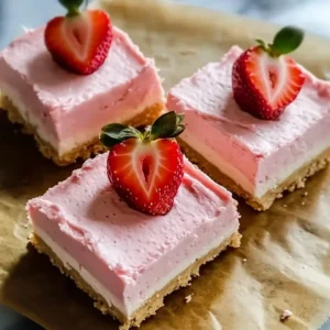 Strawberry mousse cheesecake bars topped with fresh strawberries