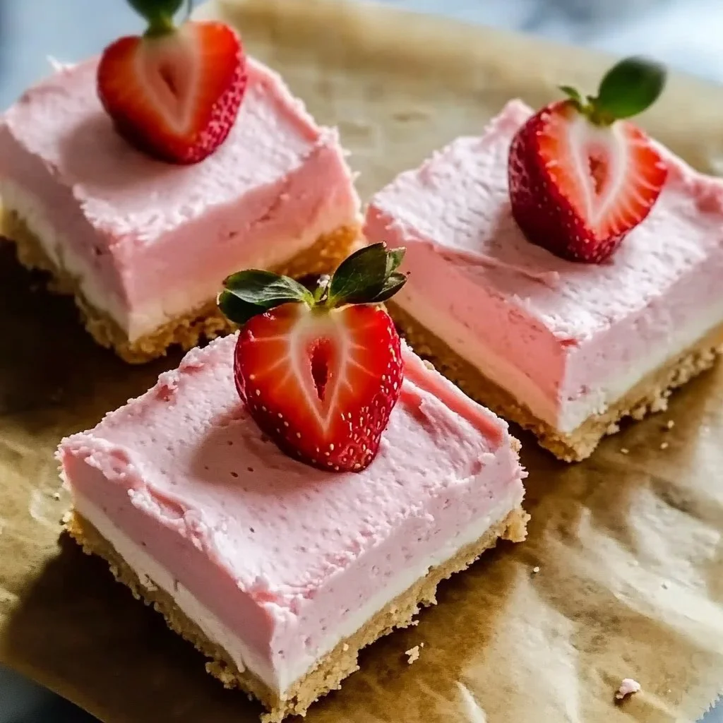 Strawberry mousse cheesecake bars topped with fresh strawberries