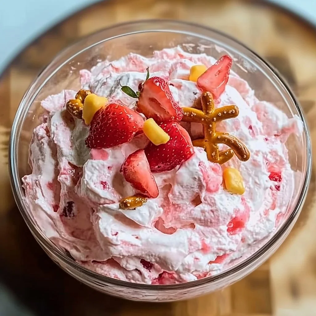 Strawberry Pretzel Fluff dessert in a bowl with strawberry garnish.