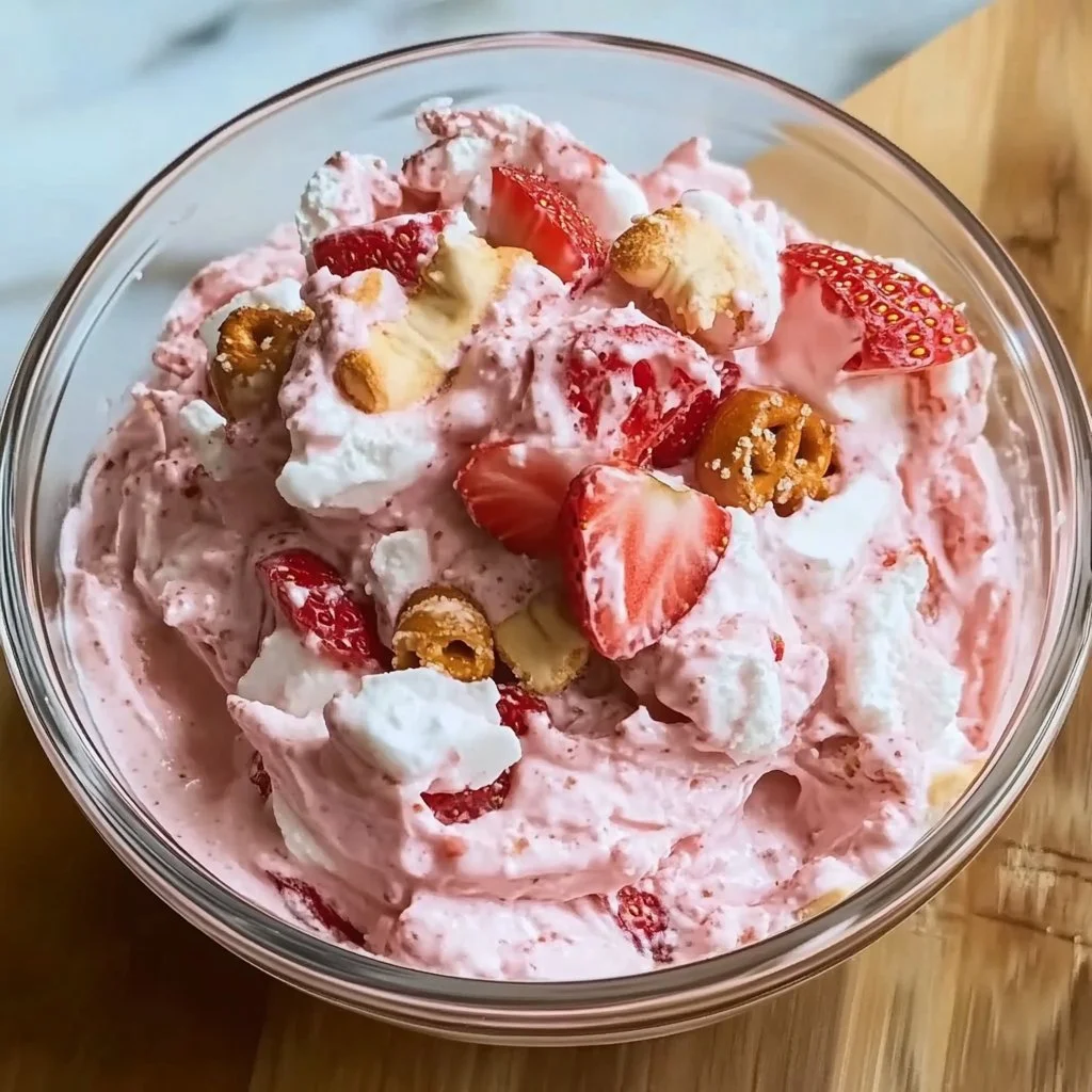Delicious Strawberry Pretzel Fluff dessert in a bowl with fresh strawberries