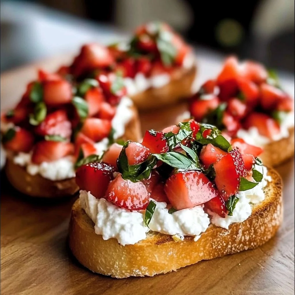 Strawberry Ricotta Bruschetta on toasted bread with fresh strawberries and cheese