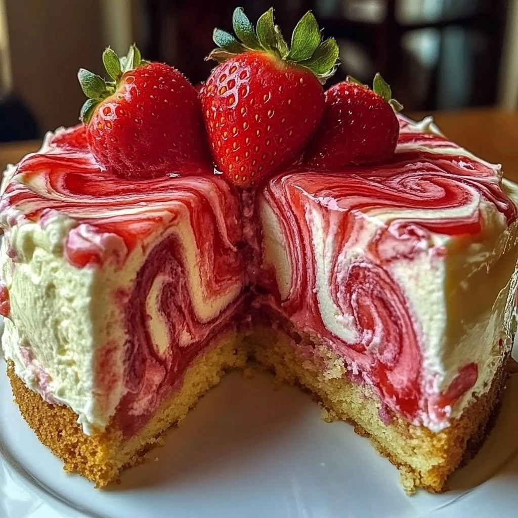 Strawberry swirl cream cheese cake topped with fresh berries