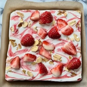 Healthy strawberry yogurt bark topped with fresh strawberries and granola