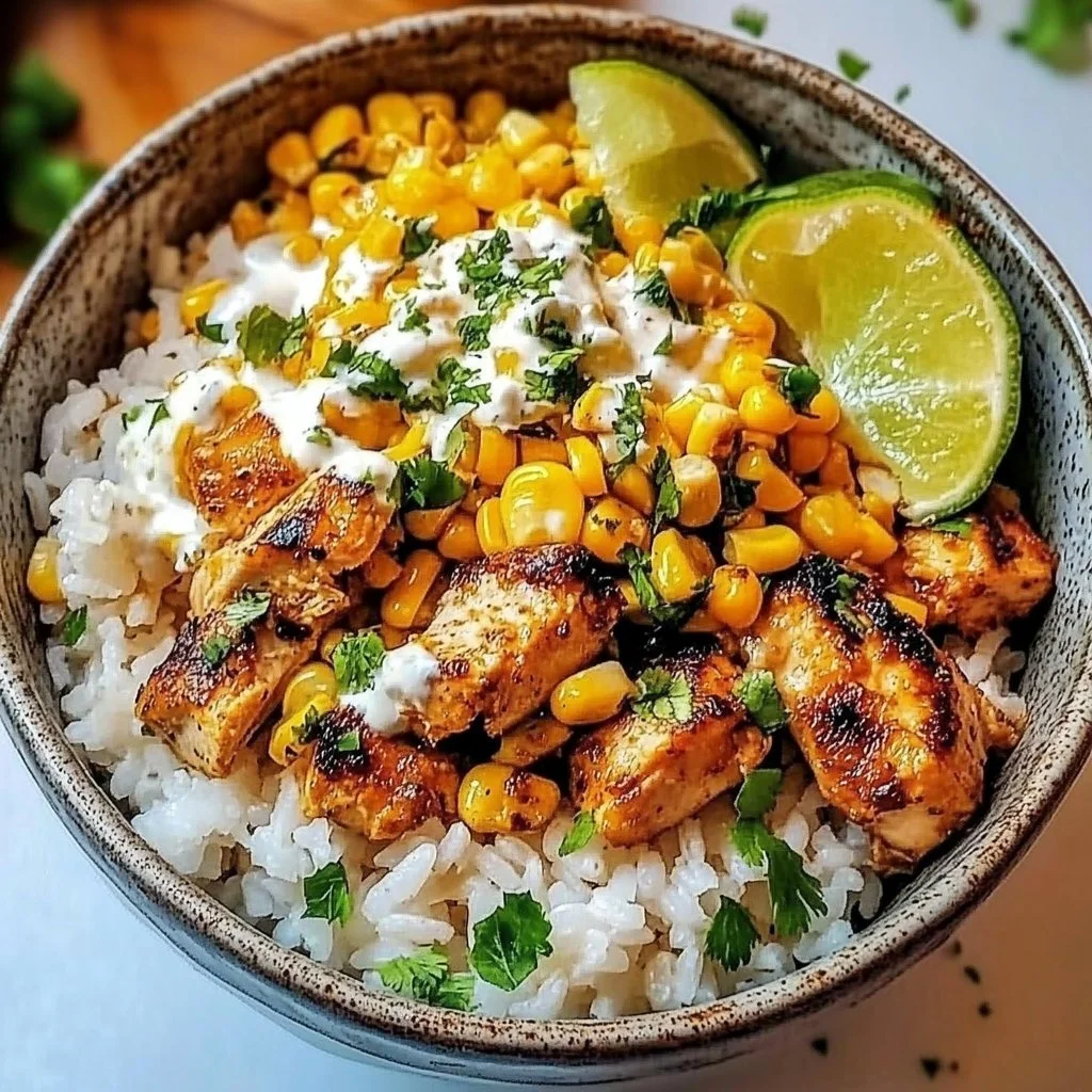 Street Corn Chicken Rice Bowl with chicken, rice, and corn toppings