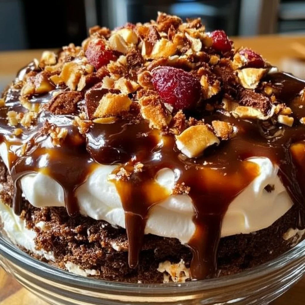 Delicious Turtle Lush Dessert with chocolate, caramel, and whipped cream layers