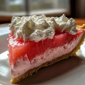Freshly made Watermelon Pie served on a plate with mint garnish