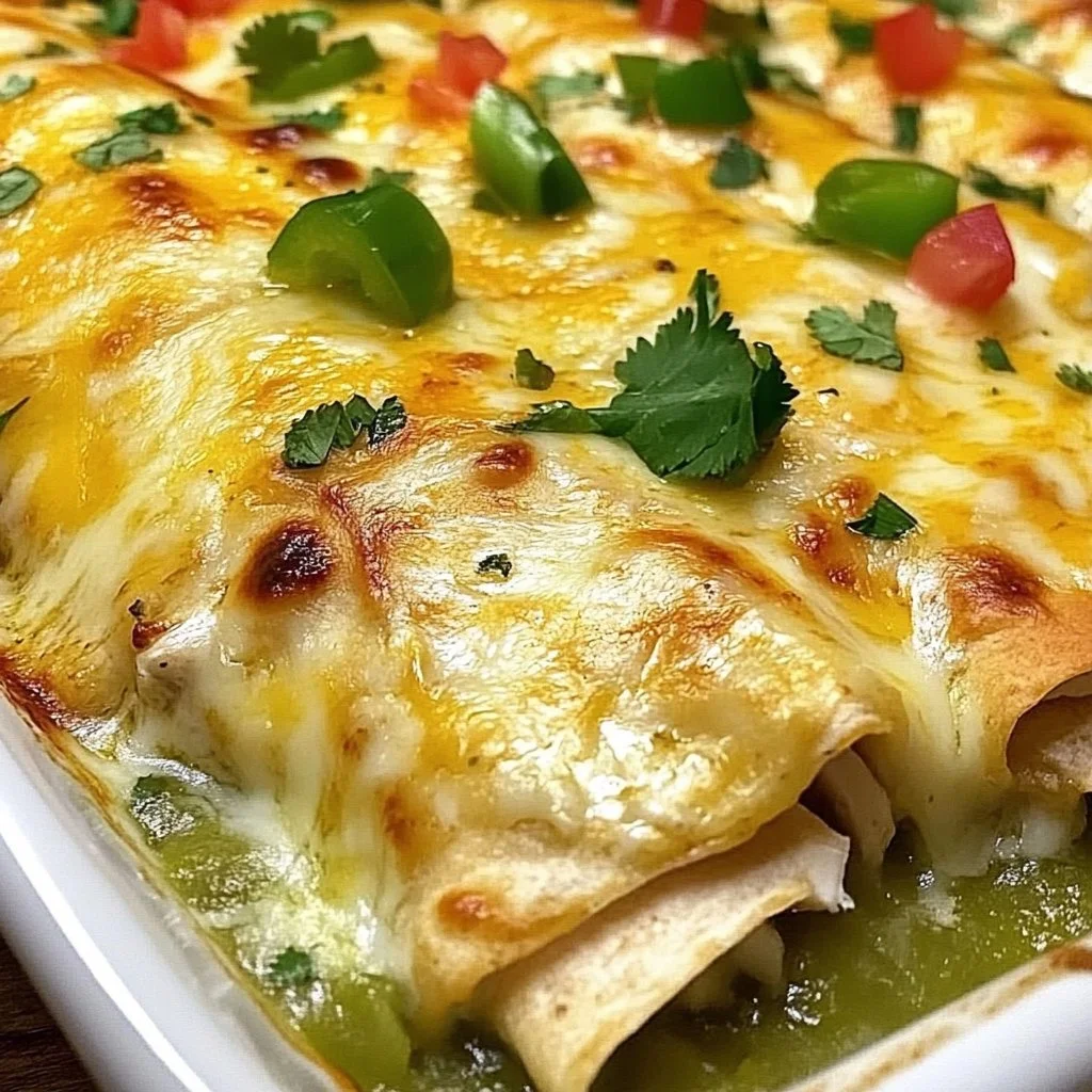 Delicious White Chicken Enchiladas topped with creamy sauce and cheese.