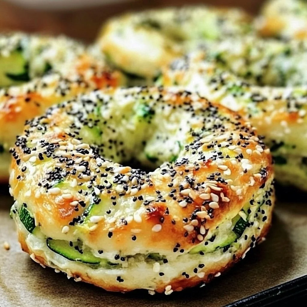 Homemade zucchini bagels topped with sesame seeds and fresh herbs