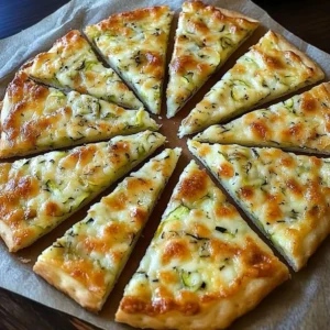 Homemade Zucchini Flatbread garnished with herbs on a wooden cutting board