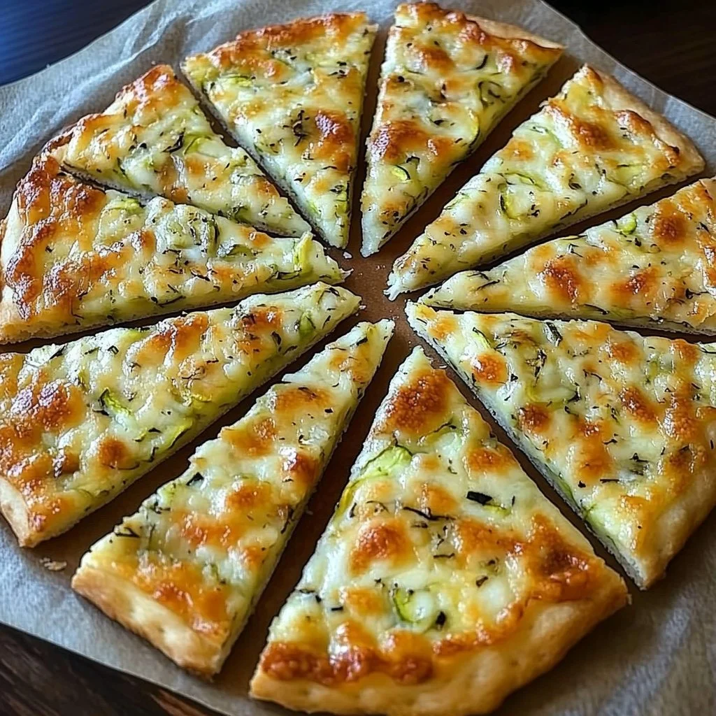 Homemade Zucchini Flatbread garnished with herbs on a wooden cutting board