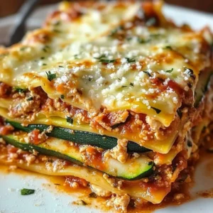 Healthy Zucchini Turkey Lasagna layered with turkey and ricotta cheese